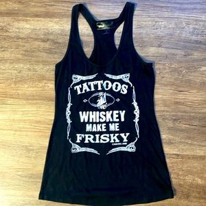 Pinky Star size M. Tattoos and Whiskey Make Me Frisky racer back tank.